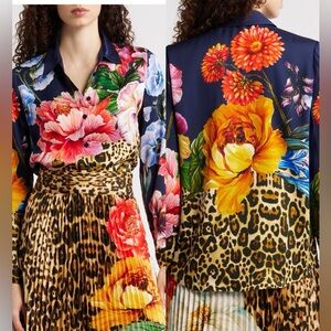 Elie Tahari The Madeline Sahara Desert Print Silk Blend Satin Button-Up Large